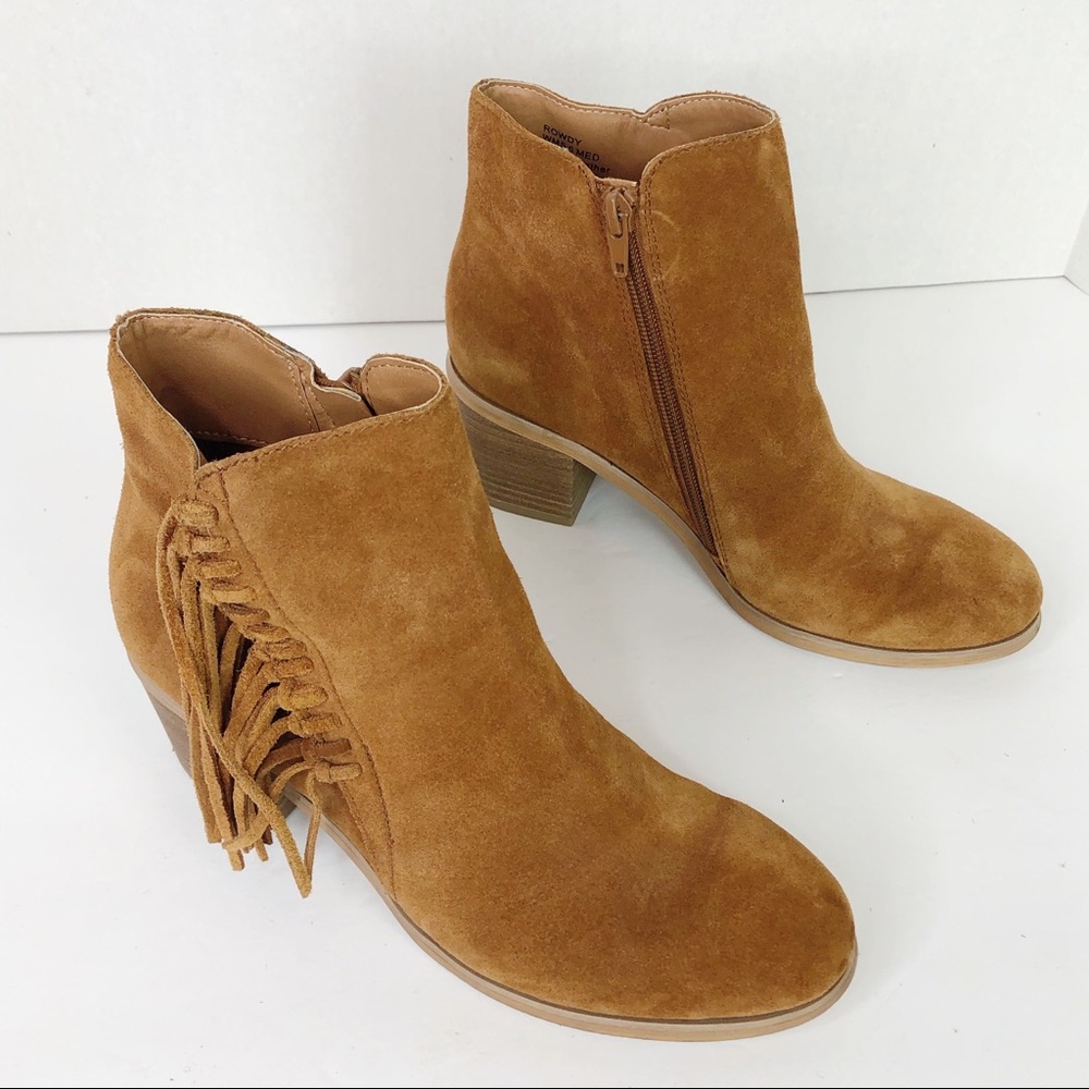 EUC Kenneth Cole Pretzel Rowdy Fringe Trim Brown Block Heel Suede Bootie